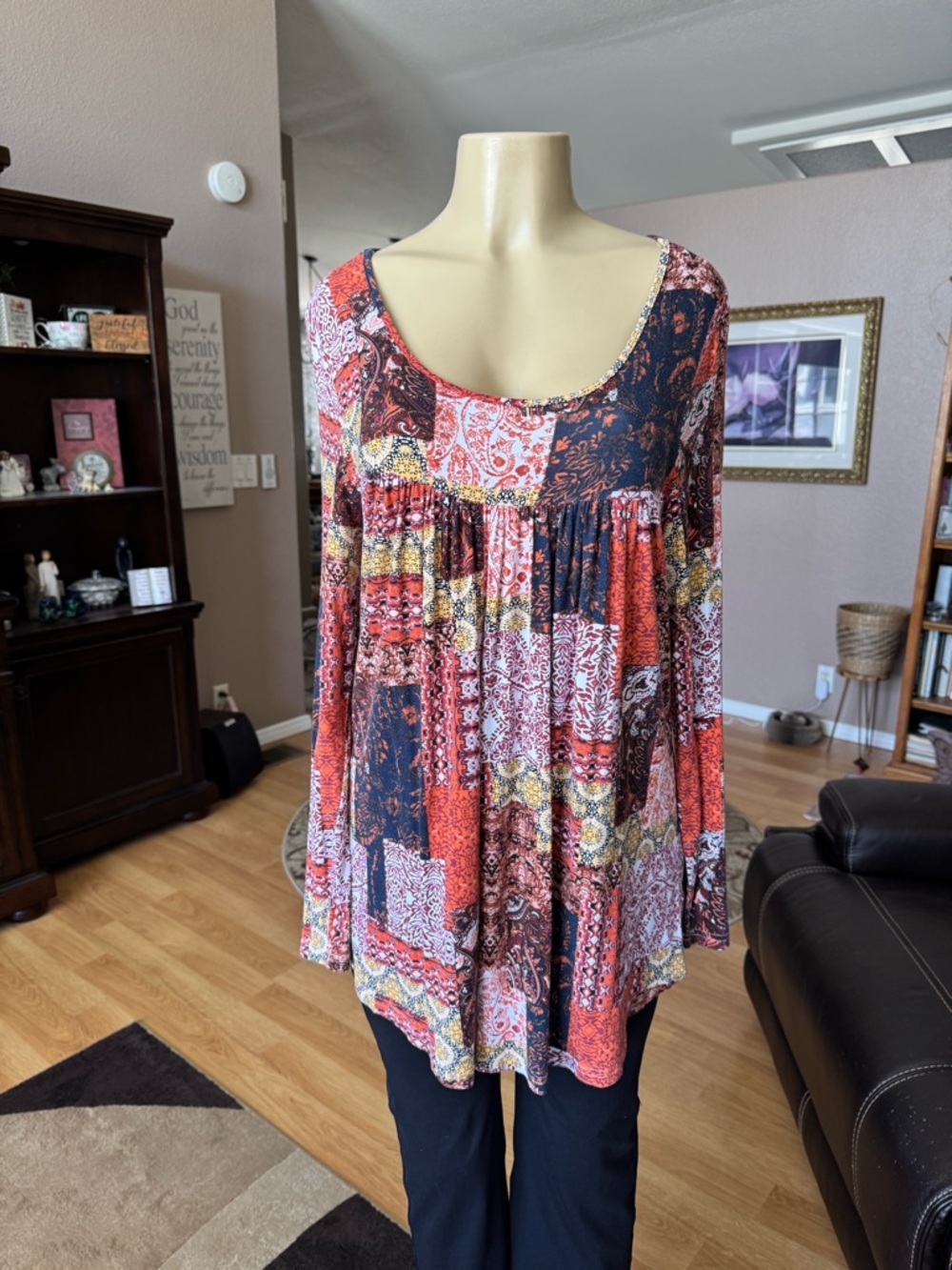 Boutique boho patchwork long sleeve scoop neck blouse-size L - Picture 5 of 9